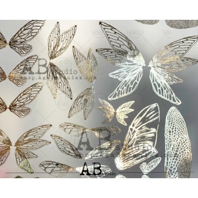 Folha decorativa com desenhos metálicos de asas de insectos em fundo translúcido
