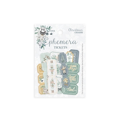 Pacote de bilhetes efémeros decorativos para Natal com cores branco, verde, azul e dourado.