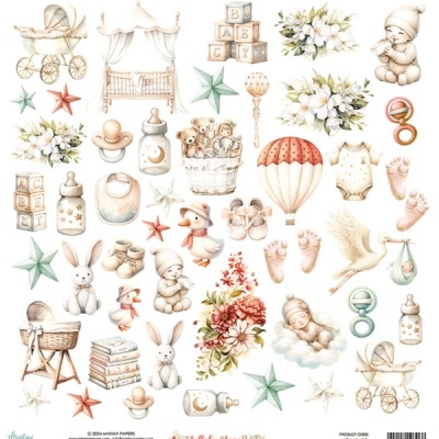 Ilustrações coloridas de produtos e acessórios para bebé em fundo branco