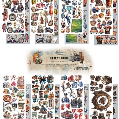Folhas de autocolantes coloridos com temas variados de objetos e personagens, com texto THE MEN'S WORLD no centro.