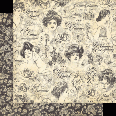 Papel decorativo vintage com desenhos de mulheres, flores, borboletas e texto em inglês e francês