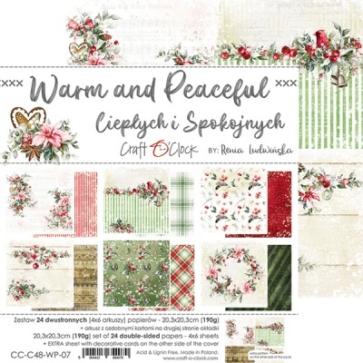 Papéis decorativos para scrapbook com padrões florais, riscas e xadrez em tons de verde, vermelho, creme e dourado.