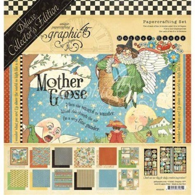 Conjunto de paper crafting Mother Goose com ilustrações vintage coloridas e padrões variados