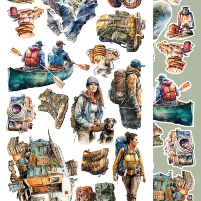 Ilustrações de atividades de campismo e caminhada, incluindo pessoas, mochilas, equipamentos e paisagem montanhosa.