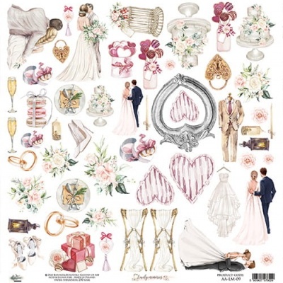 Ilustrações variadas de casamento com noivos, vestidos, flores e presentes