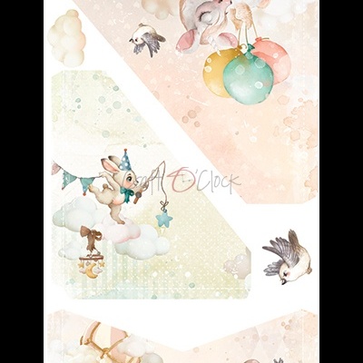 Decoração infantil com coelhos, pássaros e balões coloridos em fundo pastel