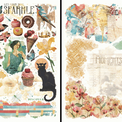 Colagem artística colorida com animais, flores, doces, figuras femininas e textos inspiradores em inglês.