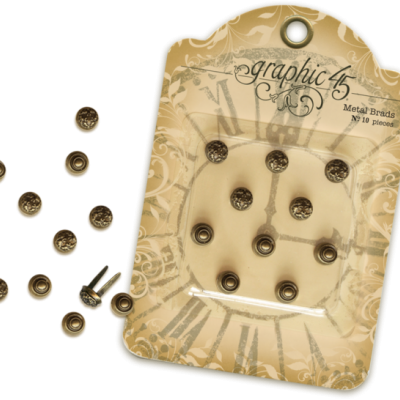 Conjunto de tachas metálicas bronze em embalagem vintage com texto