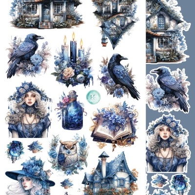 Ilustrações variadas em azul com elementos como casa, corvos, mulher e flores.