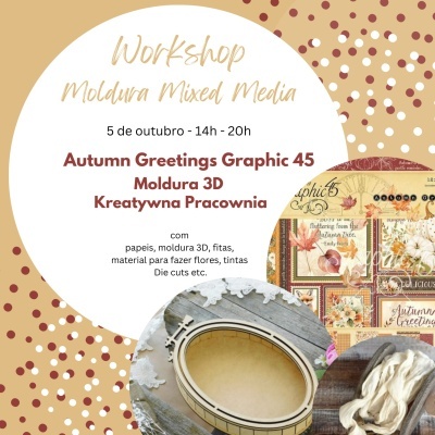 Flyer de workshop de moldura mixed media com padrão de bolinhas e imagens de moldura e materiais artísticos