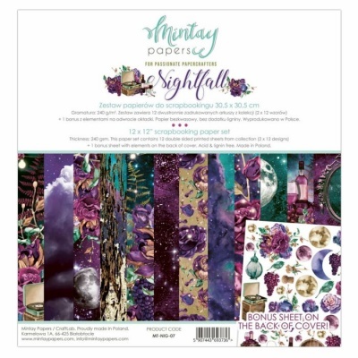 Papel para scrapbooking com padrões florais e lunares em cores roxas, azuis e verdes, embalagem com texto Mintay papers Nightfall e folha extra para recorte.