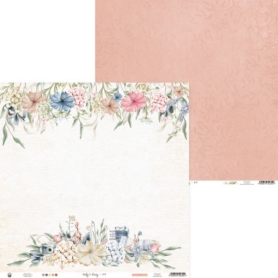 Papel decorativo para scrapbooking com padrão floral e verso rosa com relevo