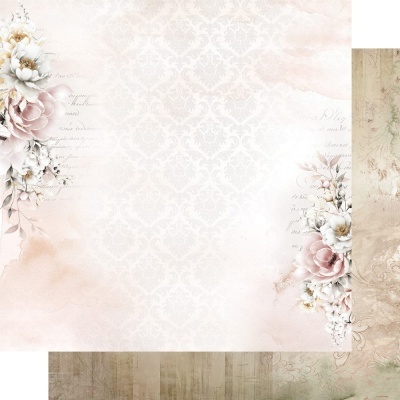 Papel decorativo floral com escrita cursiva e texturas em tons rosa, branco e bege