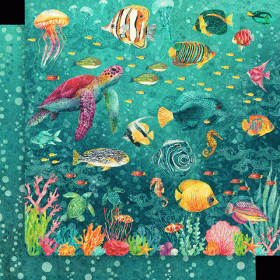 Manta com padrão marinho colorido com tartarugas, peixes e corais.