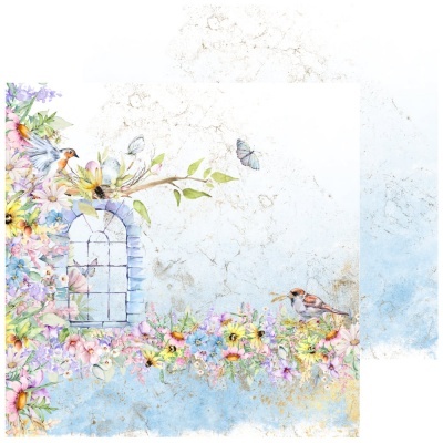 Padrão floral com flores, passarinhos e janela em arco azul sobre fundo claro com textura