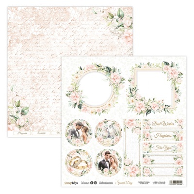 Folha dupla para scrapbook com flores cor de rosa e molduras para fotos temática de casamento