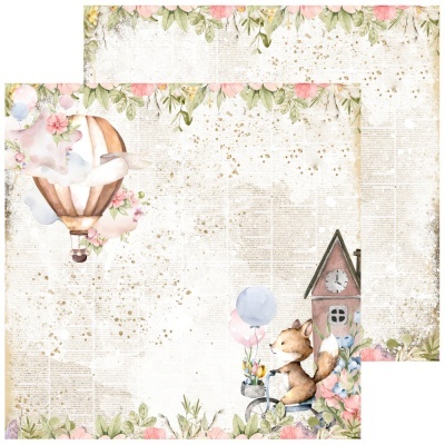 Papel decorativo para scrapbook com raposa, balão de ar quente e flores