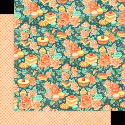 Papel decorativo com padrão de flores cor de pêssego e doces em fundo verde-azulado, verso quadriculado laranja claro