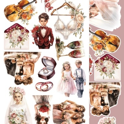 Imagens recortadas com tema de casamento incluindo noiva, crianças, flores, violino e acessórios