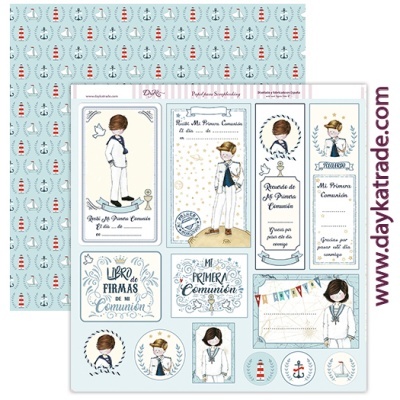 Conjunto de papéis decorativos para comunión con motivos náuticos y niños en traje de marinero