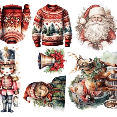 Desenhos natalícios com camisolas, Papai Noel, soldadinho de chumbo, carruagem e placas 'NORTH POLE'