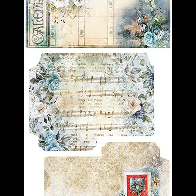 Três etiquetas decorativas vintage com flores azuis, calendário, pauta musical e decoração natalícia