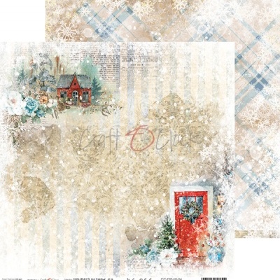 Papel decorativo inverno com casas vermelhas, guirlanda, flores azuis e padrão azul-bege