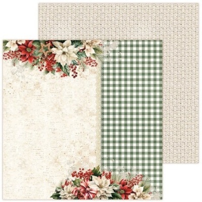 Folha decorativa com tema de Natal e padrão xadrez verde e branco, verso com textura bege tecido