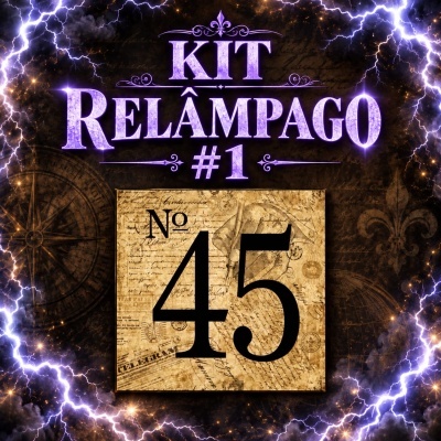 Texto KIT RELÂMPAGO #1 com relâmpagos lilás e número 45 em fundo bege