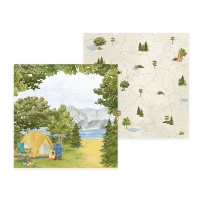 Folhas com imagens de natureza e mapa de trilha em aquarela