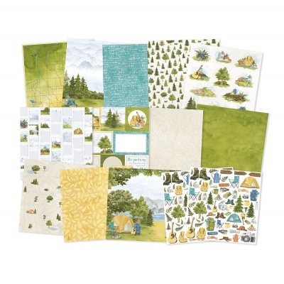 Conjunto de folhas de papel decorativo com temas de natureza e camping