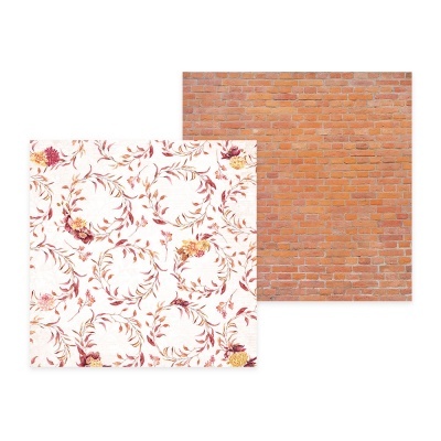 Dois papéis de parede, um com padrão de tijolos vermelhos e outro com padrão floral circular em tons vinho e amarelo