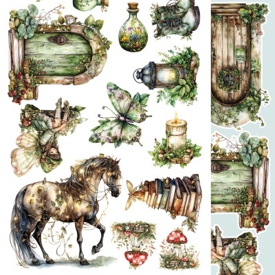 Conjunto de ilustrações de fantasia com elementos naturais e místicos em estilo aquarela.