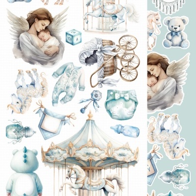 Ilustrações de itens e decorações para bebé em tons azul e bege com temas de carrossel e brinquedos antigos.