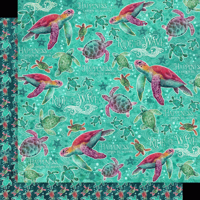 Papel de embrulho azul-turquesa com tartarugas, peixes e texto decorativo