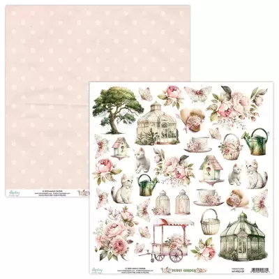 Papel de scrapbook com motivos de jardim vintage, flores rosas, gatos, gaiolas, regadores e carrinho rosa