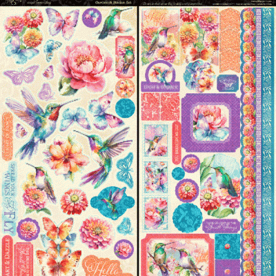 Autocolantes decorativos de flores, borboletas e beija-flores coloridos com texto em inglês.