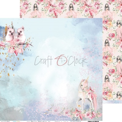 Papel decorativo padrão duplo com tema floral, pombos, boneca e texto 'Craft O'Clock'.