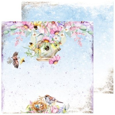 Folha dupla-face decorativa com casa de pássaro, flores e pássaros em azul claro