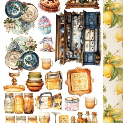 Ilustrações vintage de utensílios e alimentos de cozinha, incluindo chaleiras, batedeira, pratos e frascos coloridos.