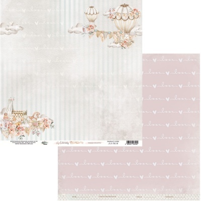 Folha decorativa dupla face com balões de ar quente e padrão 'love' em tom pastel