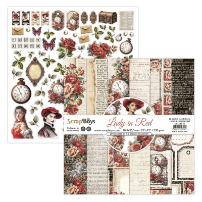 Folhas de scrapbooking com design vintage Lady in Red com rosas, relógios, mulheres e elementos decorativos.