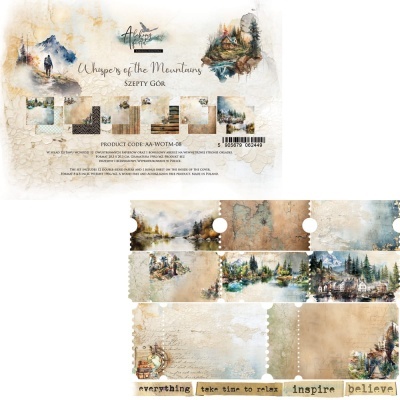 Etiqueta de produto decorativa com imagens de montanhas e floresta e texto Whispers of the Mountains