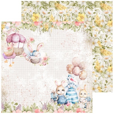 Papel de scrapbook com coelhinhos, flores e balões em cores pastel