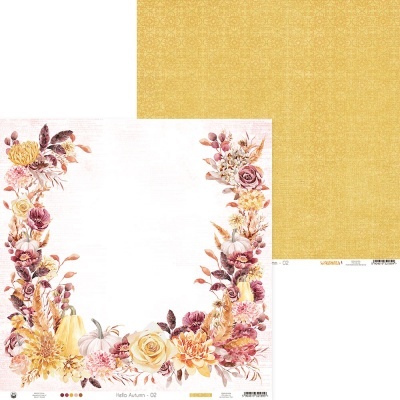 Papel decorativo floral e amarelo para scrapbooking com texto 'Hello Autumn - 02'