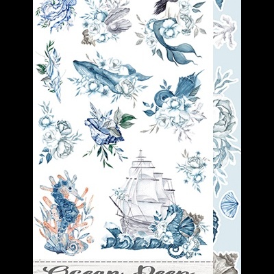 Folha de adesivos temáticos oceano com navio, cavalo-marinho, flores e conchas em tons azuis