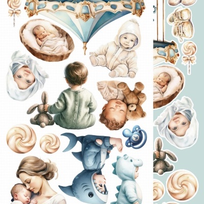 Ilustrações infantis com bebés, brinquedos, facto de dinossauro, sapatos de bebé e carrossel azul e creme