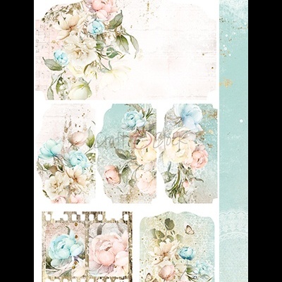 Recortes de papel decorativo com flores em tons pastel e fundo azul claro e branco