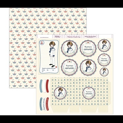 Folha de papel decorativo e para recorte com tema náutico e menino vestido de marinheiro