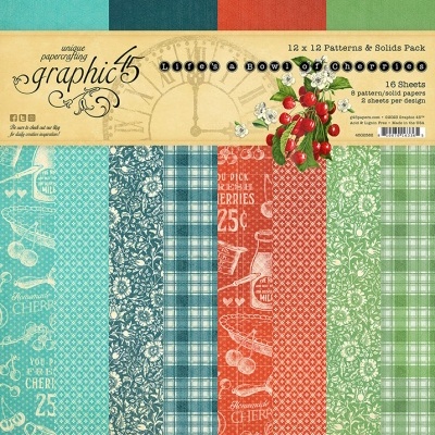Pack de papel para scrapbooking Graphic 45 com padrões florais, xadrez e textos em azul, vermelho e verde